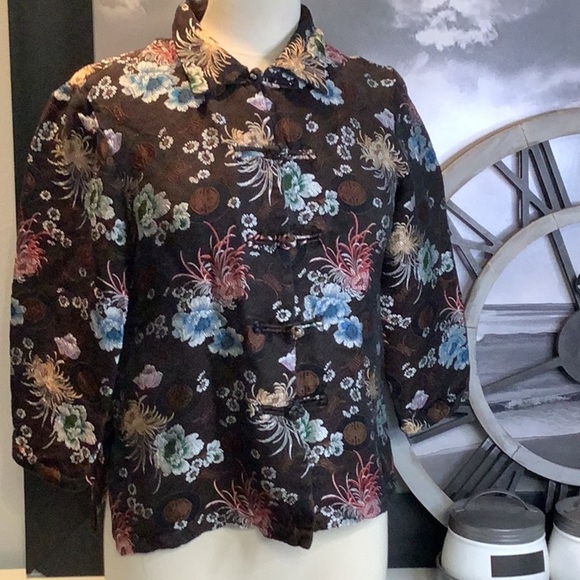 Vintage UNITS Petite M Brown Silk Blend Floral Asian Style Top Jacket Sz M - Picture 1 of 11